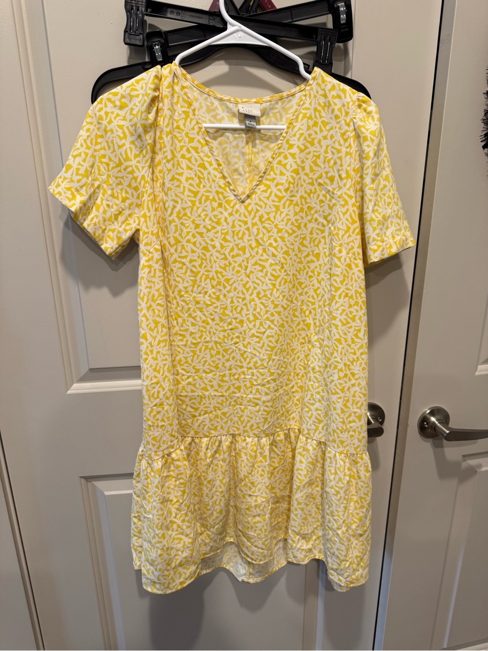 a new day Yellow and White Printed Casual V-Neck Dress